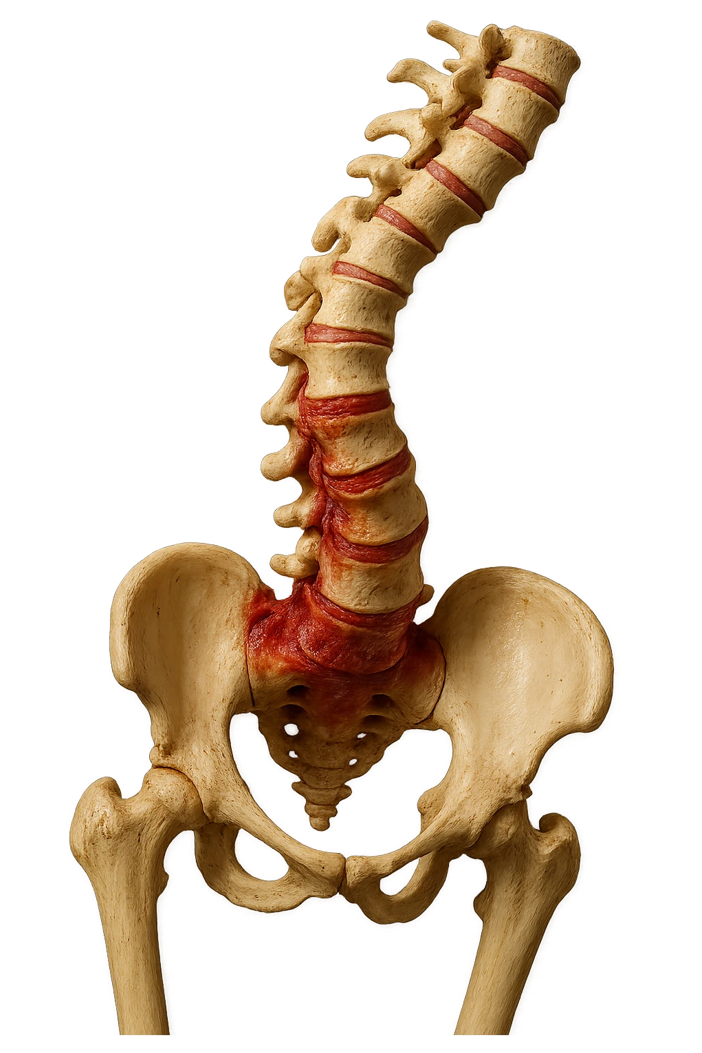 SPINA DORSALE STORTA E INFIAMMATA CON BACINO UMANO ANATOMICO REALISTICO INCLINATO, iperrealistica 4k emoji