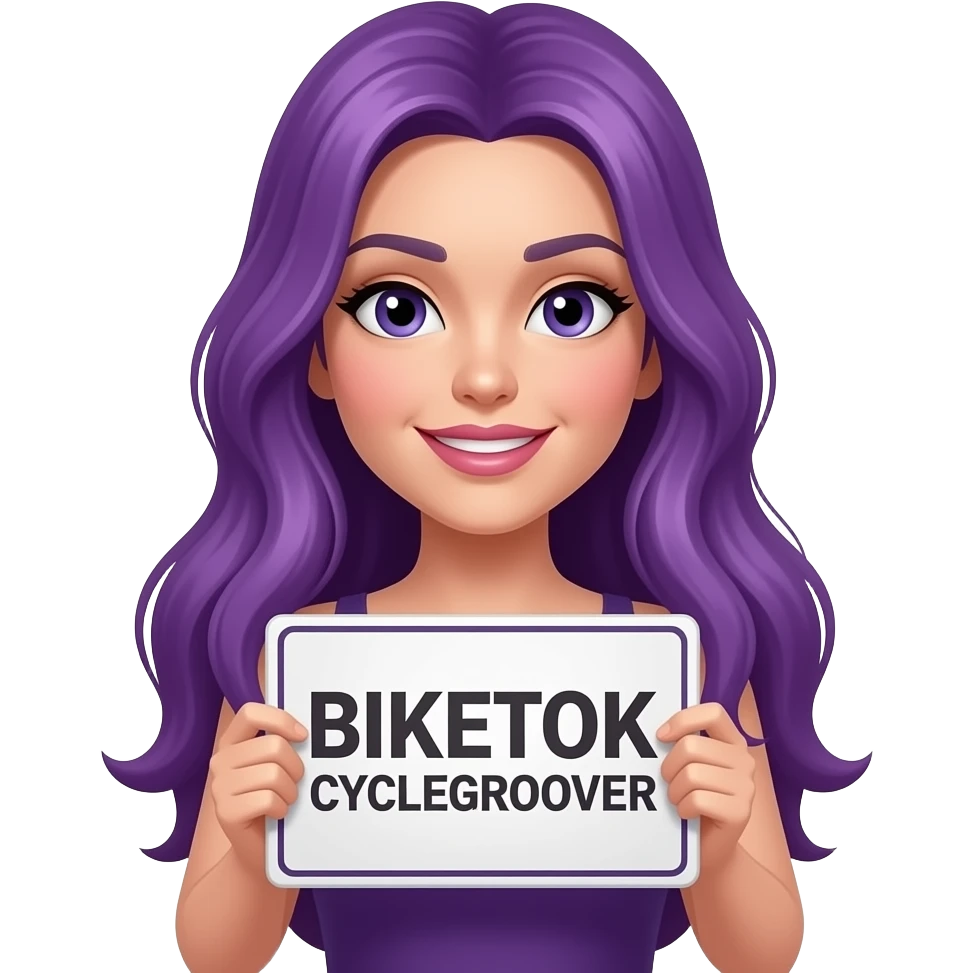 sexy girl with long purple hair holding a BIKETOK CYCLEGROOVER sign emoji