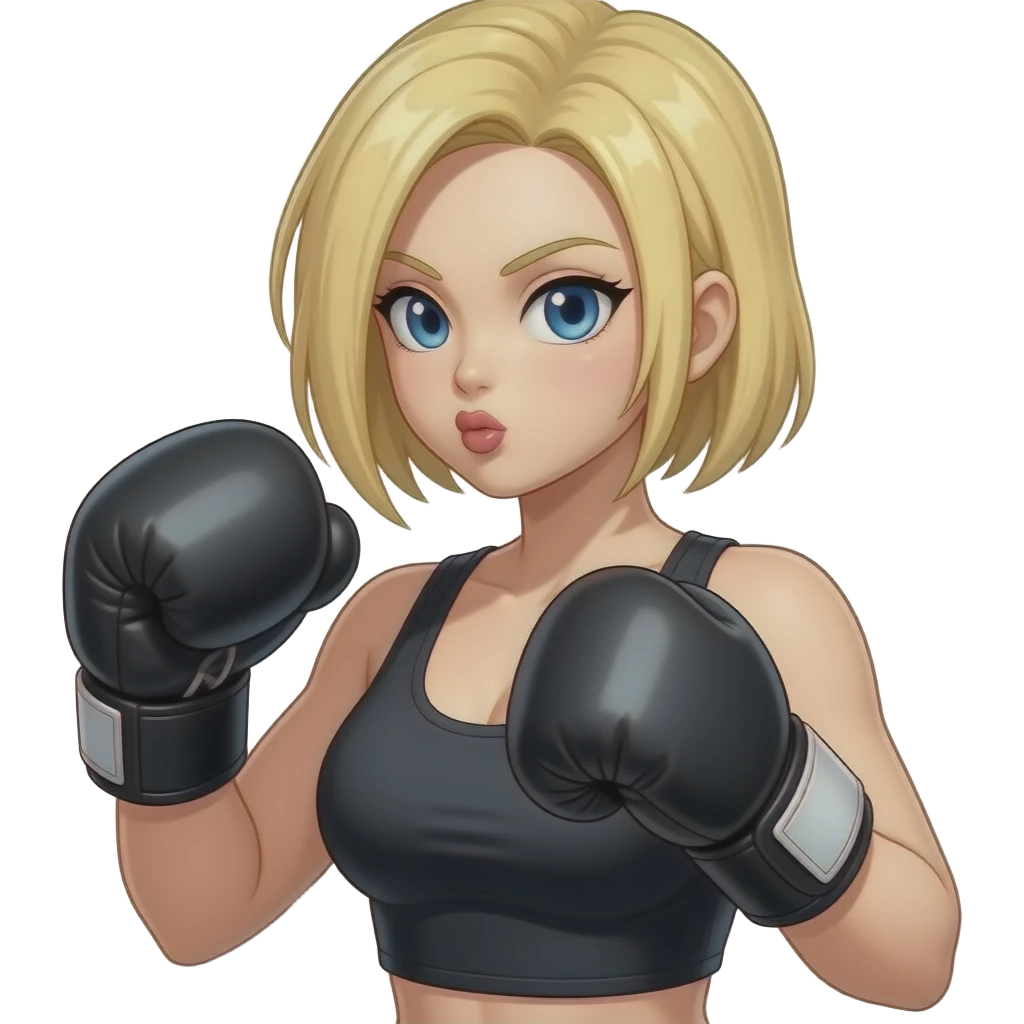 Braless boxing, blonde shoulder length haired female, android 18, from dragon ball super, in the black boxing gloves, having slobber kiss emoji