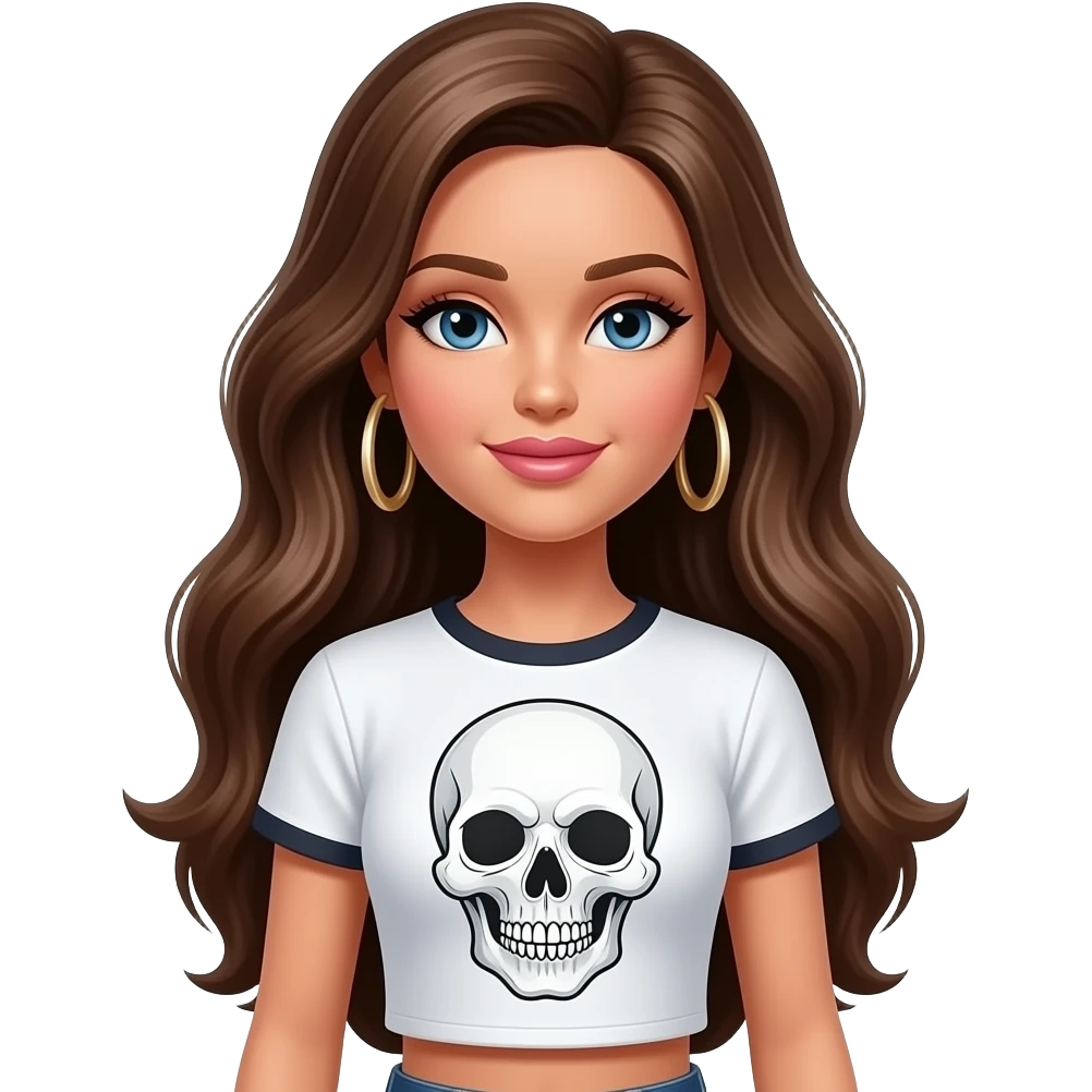 Long long brunette Barbie will full makeup and crop top t shirt with a girly skull emoji