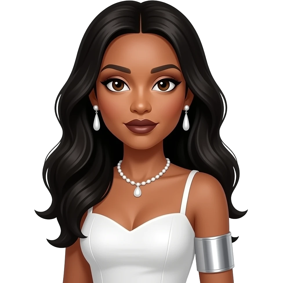 India Arie with dark brown eyes, long black hair, white eyeshadow, dark brown lipstick, white metallic arm sleeve dress, white necklace and earrings emoji