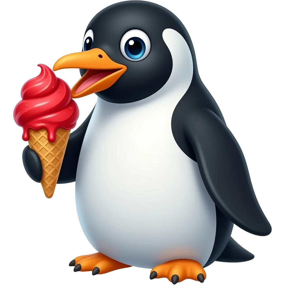 penguin front view with half body close up eating vibrant red scope of ice cream emoji
