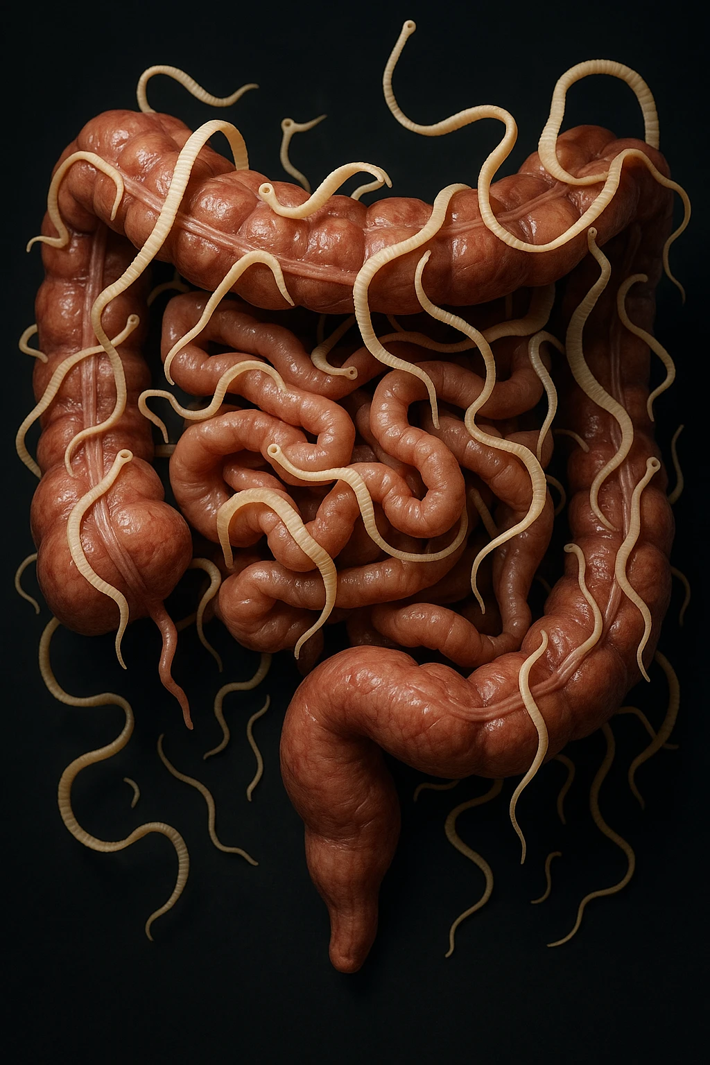 intestino umano anatomico con parassiti tipo la tenia sopra e intorno, iperrealistici 4k emoji