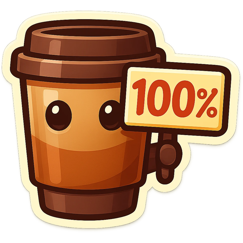 Tall coffee cup, no mouth, holding sign "100%" emoji