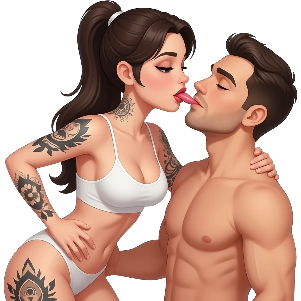 naked white curvy woman with tattoos who is slim and is giving a blowjob or having sexual activities with a man emoji
