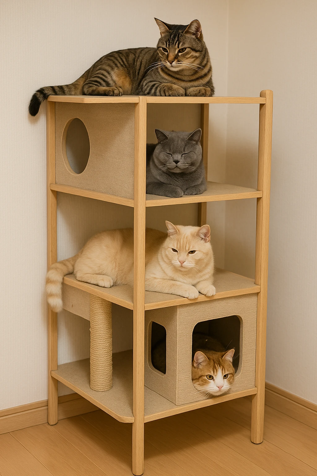 cats relaxing in a vertical playhouse emoji