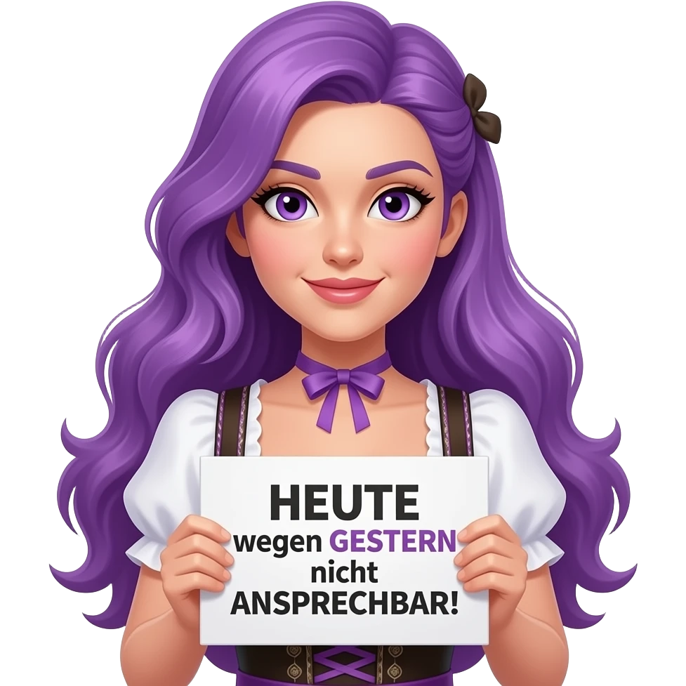 sexy girl with long purple hair and purple eyes wearing a dirndl holding a HEUTE wegen GESTERN nicht ANSPRECHBAR! sign emoji