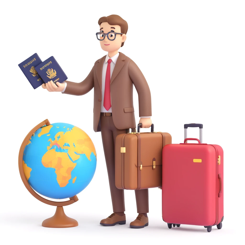 an emoji representing an expat, a person with a suitcase and a passport, looking at a globe emoji