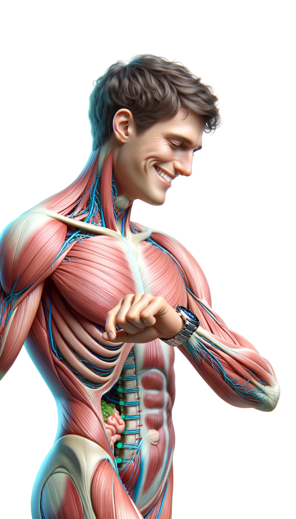 corpo umano anatomico sereno e felice che cammina mentre osserva il suo orologio contapassi, colori realistici del corpo, espressione soddisfatta, iperrealistica 4k, isolato su sfondo bianco emoji