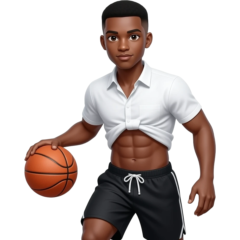 make a 20 year old man black skinned low taper fade in a white really tight shirt where you can see his abs through his shirt and black shorts playing basketball emoji