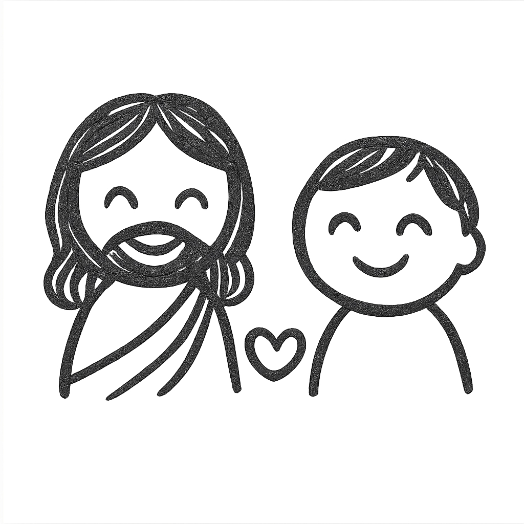 hand drawn cutesy tiny Jesus and a person, both smiling, with a small heart between them, so small that faces are not visible emoji