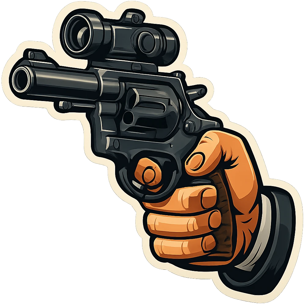 male hand holding a revolver with a sight, retro stickers style, sharp black outlines, expressive shadows and highlights, no gradients, only sharp color transitions emoji