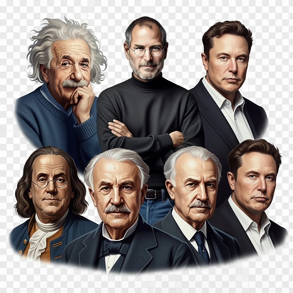 Generate in realistic style Franklin, Edison, Henry Ford in the first row, Einstein, Jobs and Musk in the second behind them. png on transparent background emoji