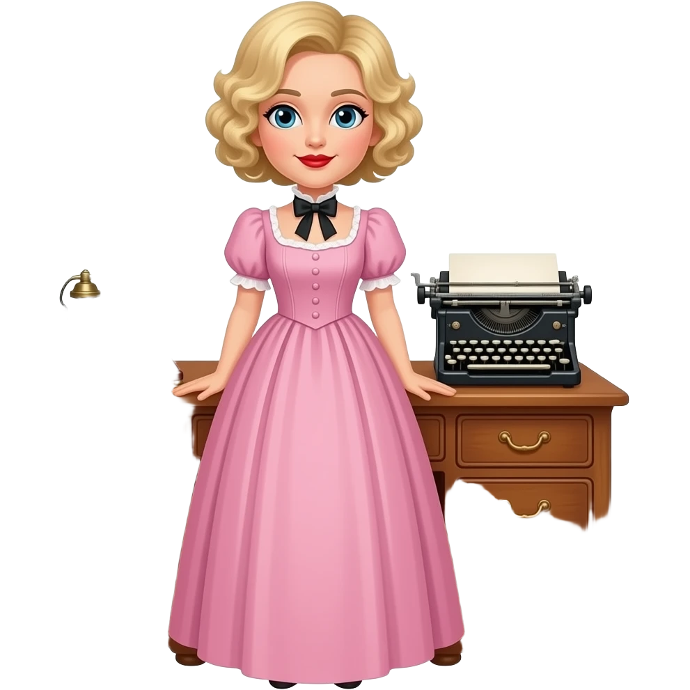 short blonde curly pixie bob hair in a 1800 pink dress in an antique desk, antique phone, and antique typewriter with red lipstick emoji