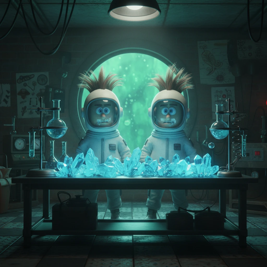 3D cienmatic cartoon shot, spongebob and patric dress in safety glasses and safe white outfit, the are standing front of table with blue crystals on table glowing (light source) science room in basement, back light, Cinema 4d render, proffesional lightning emoji