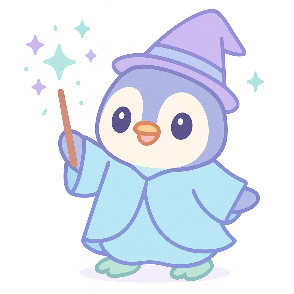 penguin wizard, casting a spell, sparkles, blue robe, whimsical style, cute emoji