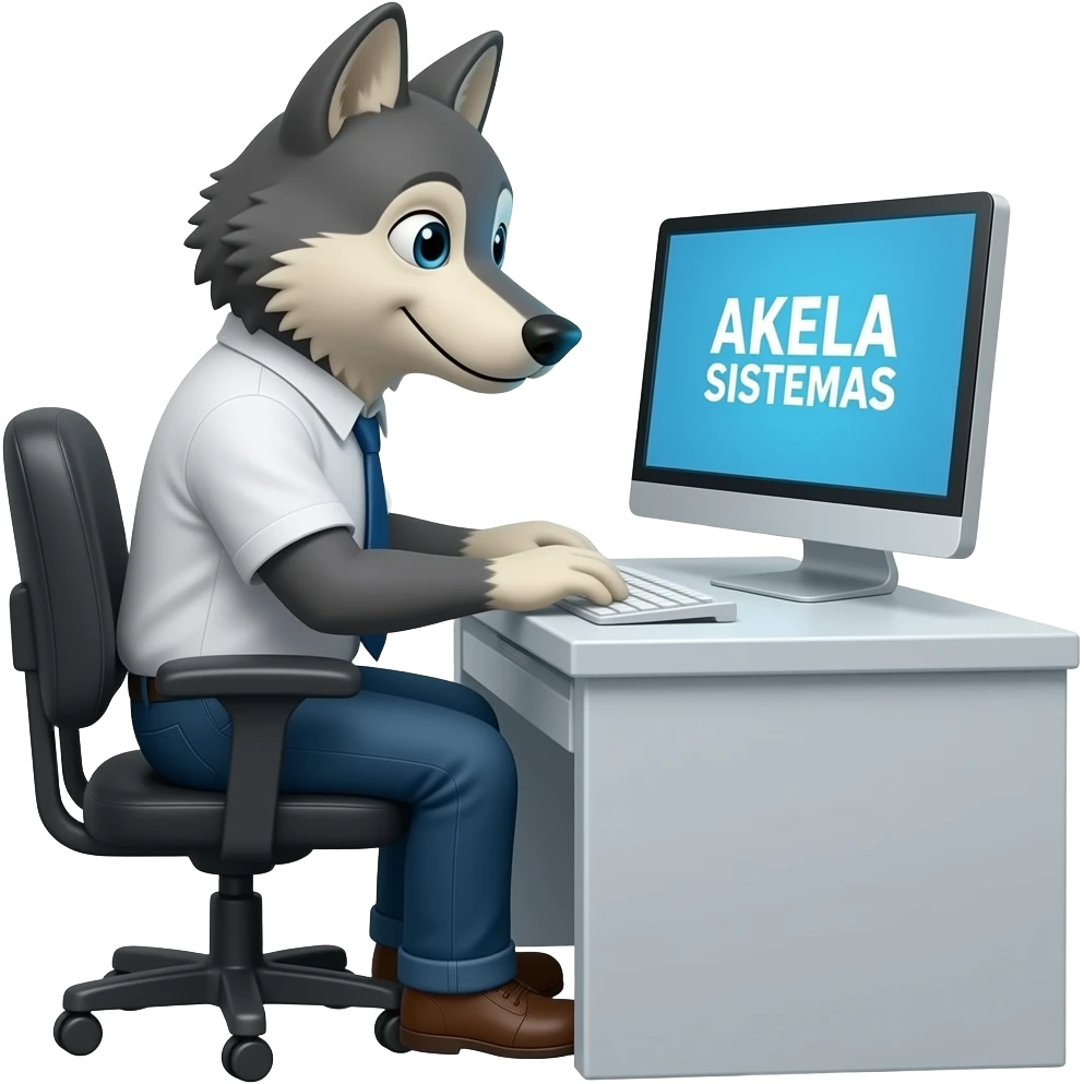 Crear un lobo trabajando en una computadora. en la computadora de la pantalla dice AKELA SISTEMAS emoji