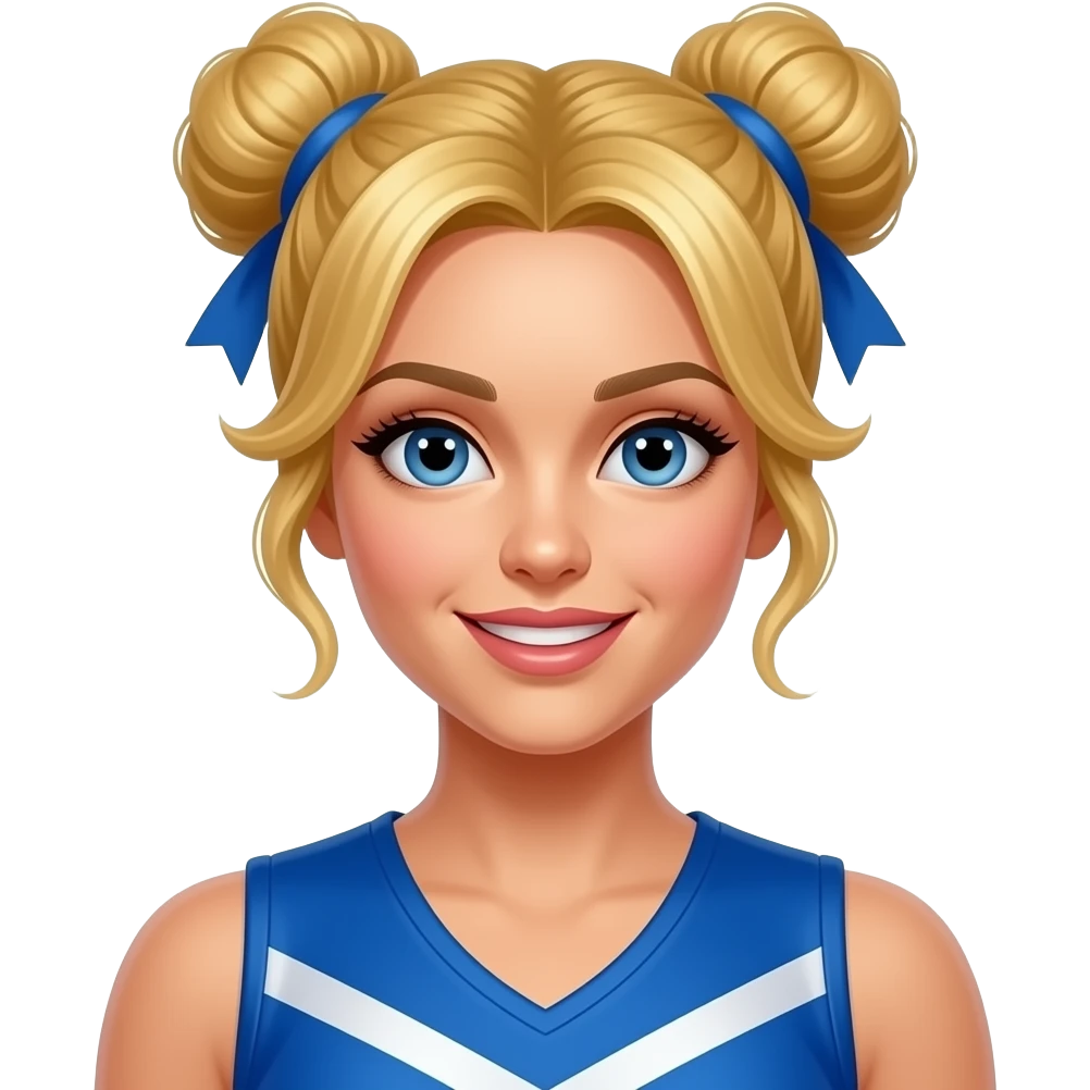 wide body cheeleader girl in vibrant blue outfit golden hairs face close up and two sided bun and poom poom in hands face close up emoji