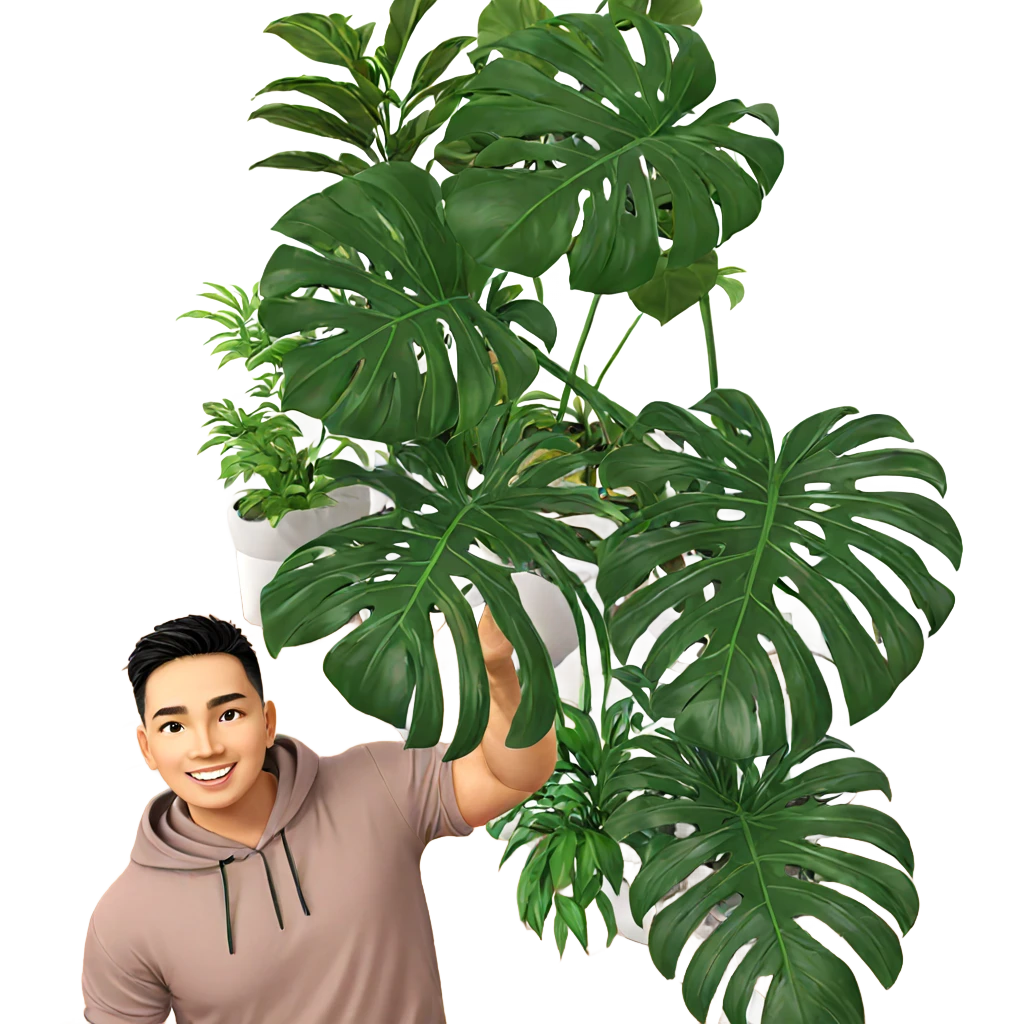 smiling boy indoors with plants emoji