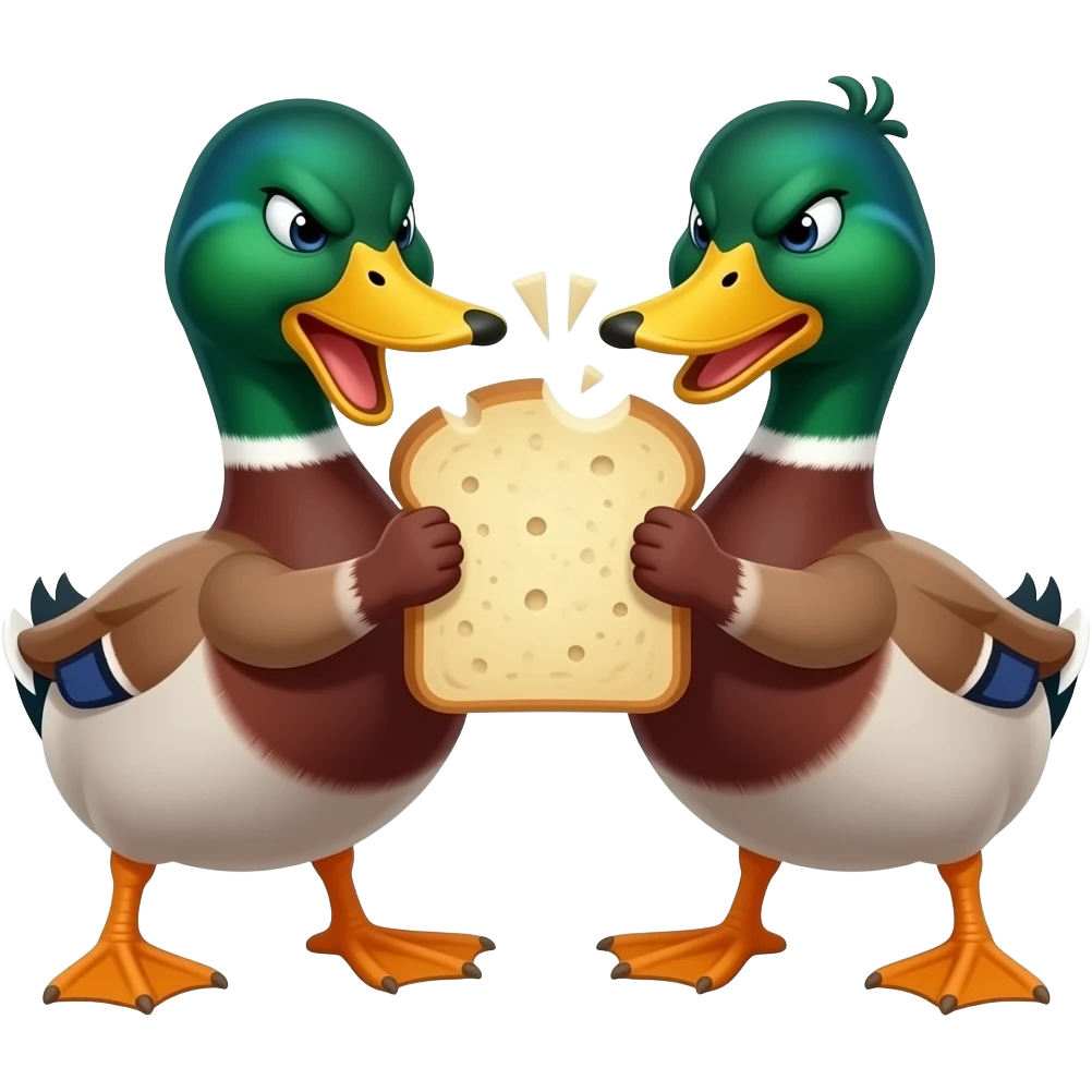 un pato peleandose con otro pato por un troço de pan pero que esten enfadados emoji