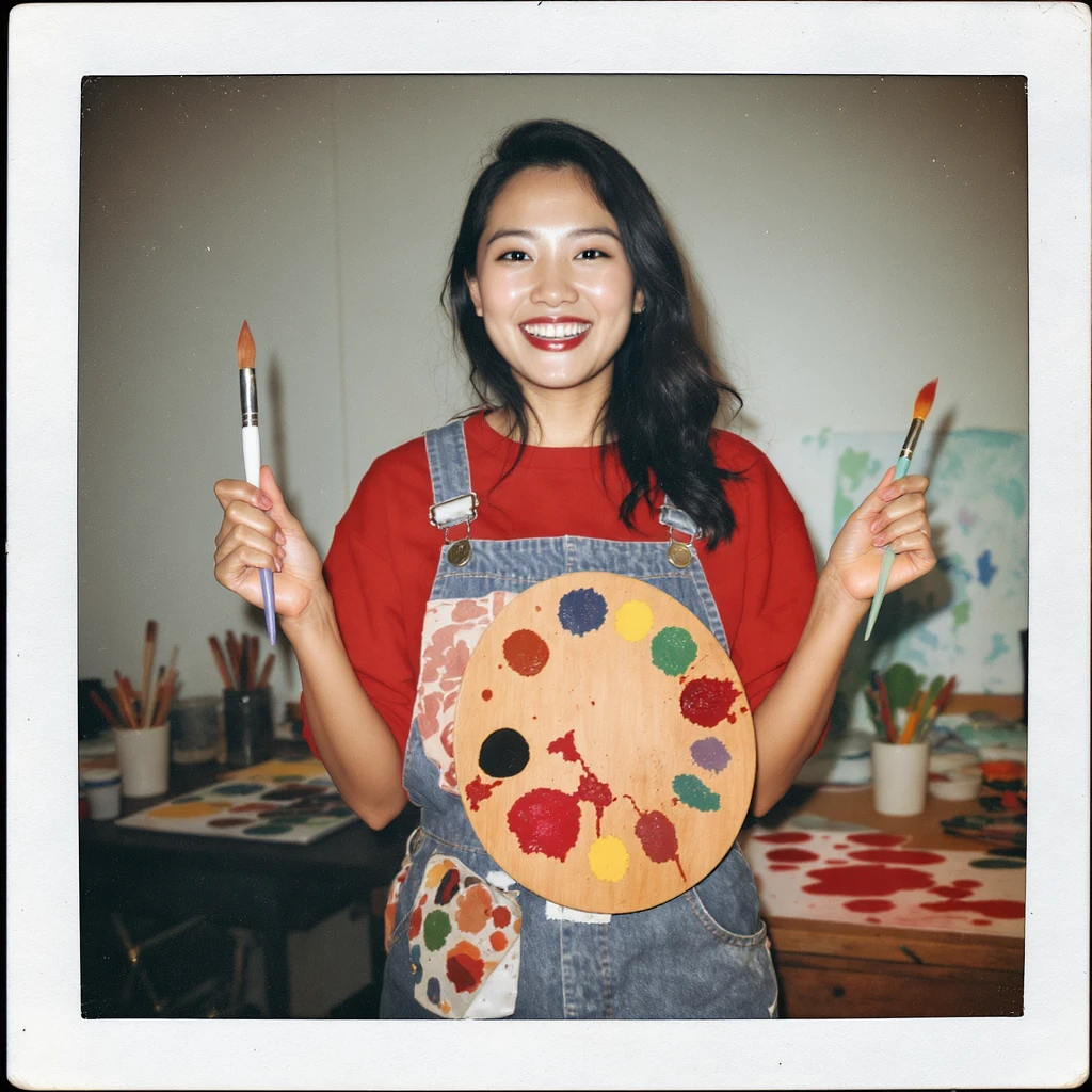 A cheerful designer holding a colorful palette and a paintbrush, smiling brightly, with a creative workspace in the background. emoji