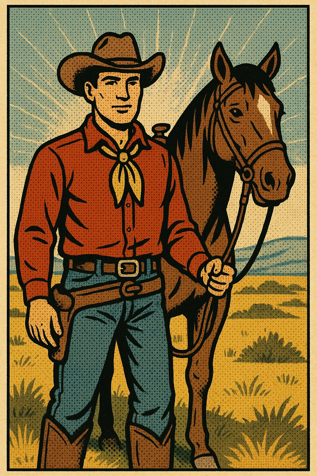 The full body of a cowboy standing next to his horse out on the Great Plains of the American West.  The cowboy is facing forward looking calm emoji