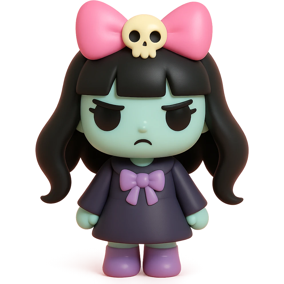 gothic girl with pink bow and skull charm, gothic style, vinyl figure, dramatic details emoji