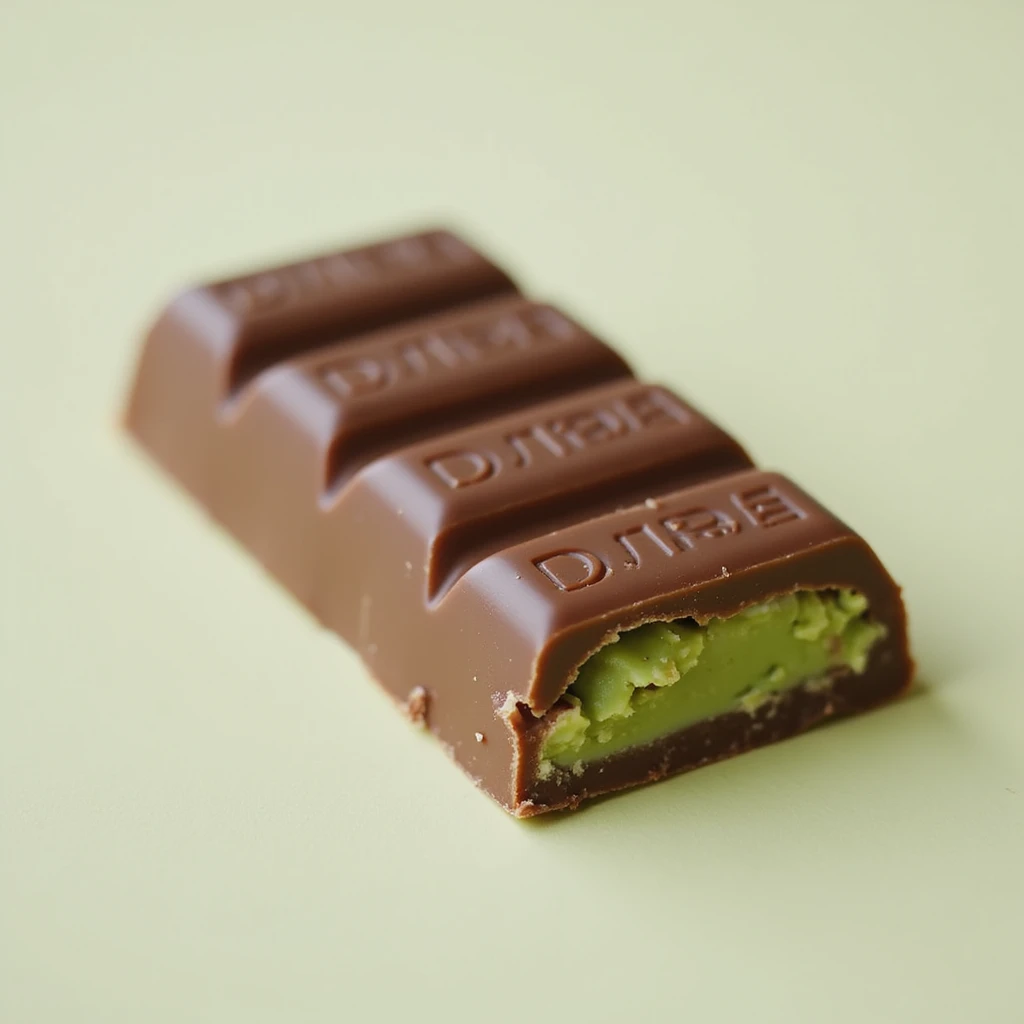 realistic chocolate bar shaped like the viral Dubai chocolate, with a bite taken out of one corner revealing a vibrant green pistachio filling inside, on a clean background emoji