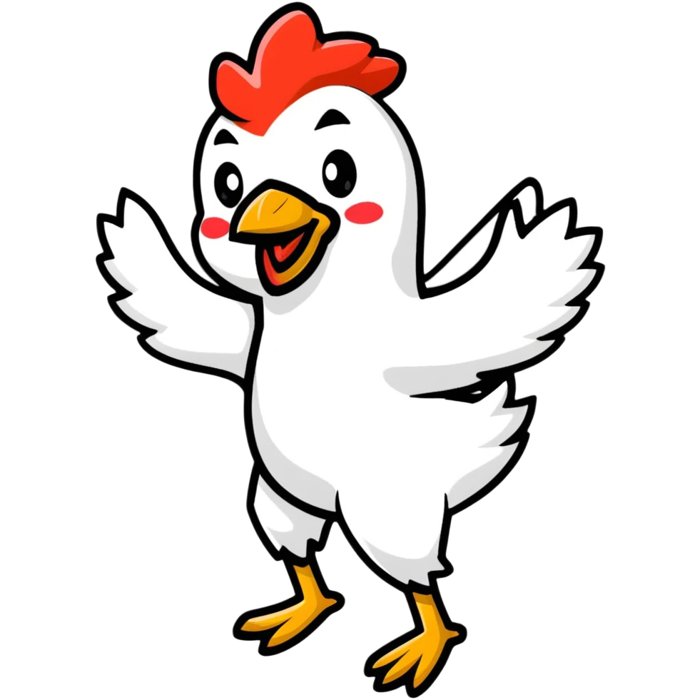 A funny cartoon chicken doing a silly dance emoji
