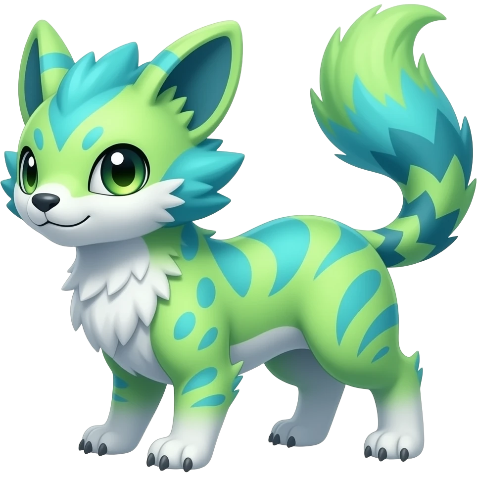Rare realistic iridescent neon lime-green & cyan gradients lush tropical exotic cute epic pretty beautiful handsome gorgeous aesthetic colorful vibrant Vernid-Protogen-Primagen-Wickerbeast-Genet-Trico-species-Fakemon-hybrid-creature by LiLaiRa, beautiful intricate markings, full body emoji