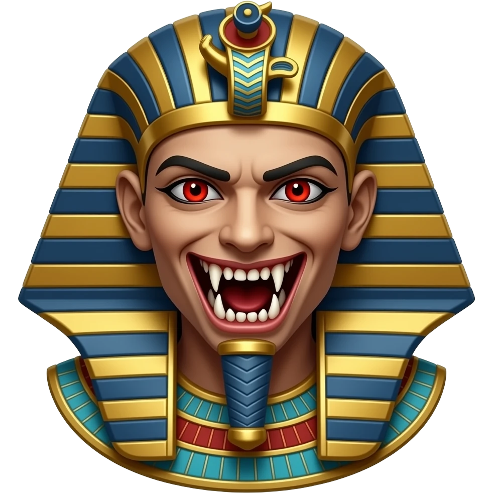 male Egyptian Vampire with visible very big fangs, red eyes emoji