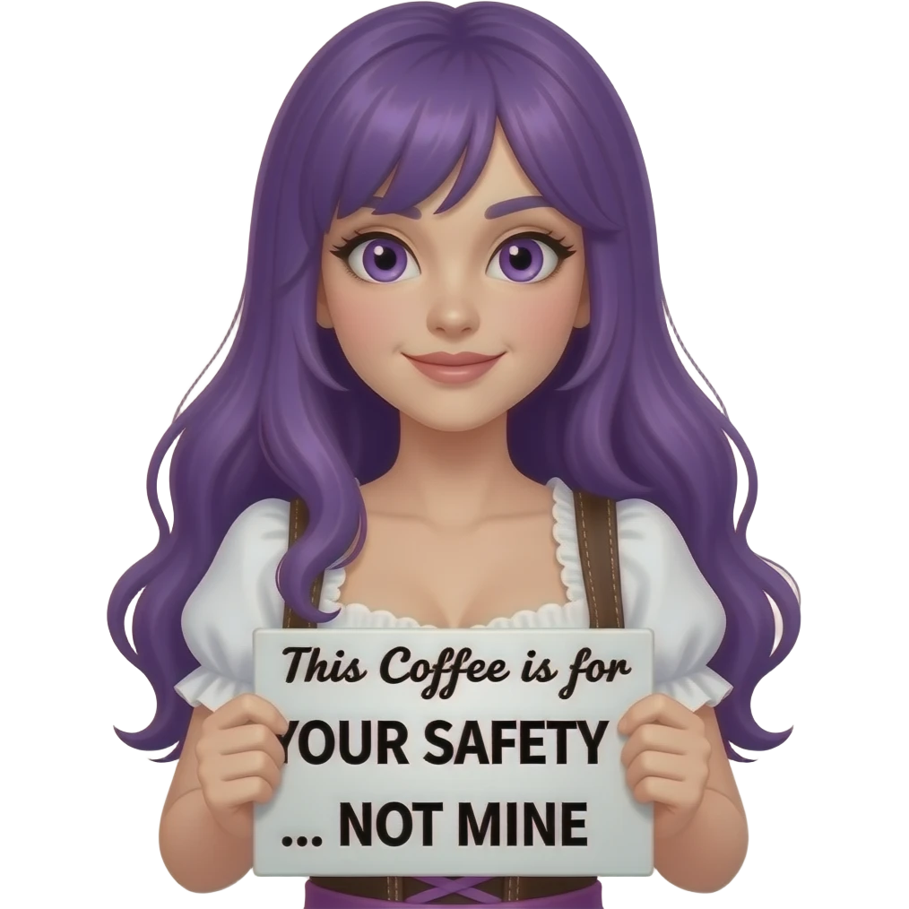 sexy girl with long purple hair and purple eyes wearing a dirndl holding a This COFFEE is for YOUR SAFETY... NOT MINE sign emoji