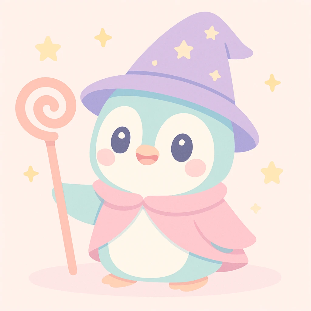 cute penguin wizard holding a magical staff in a fantasy setting emoji