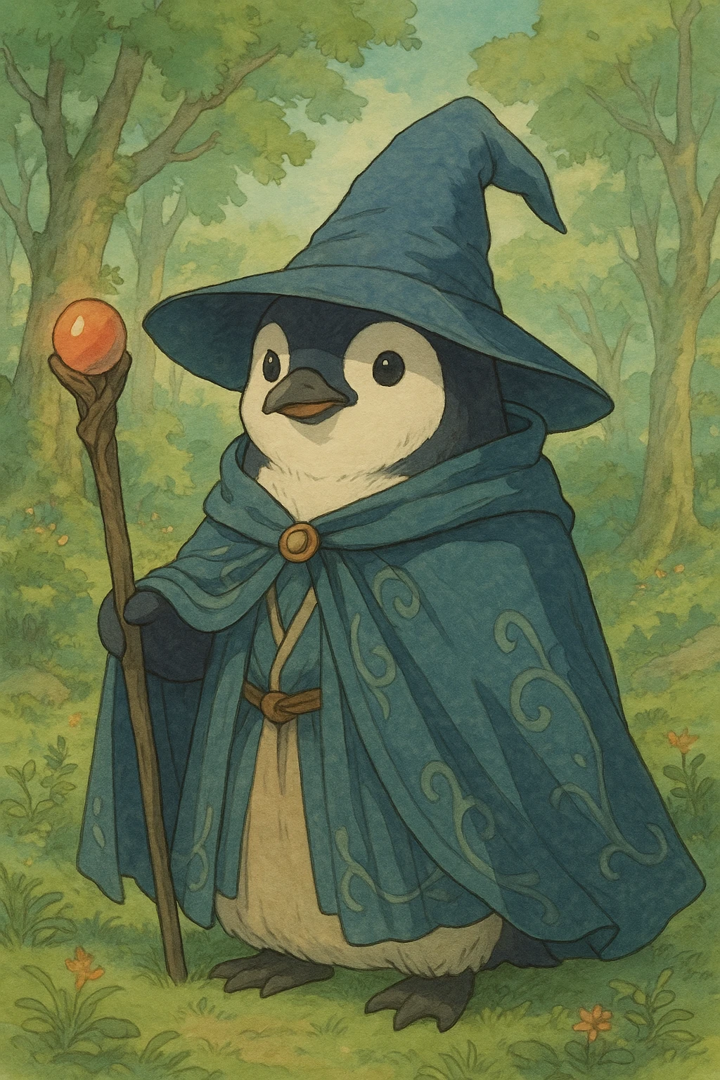 penguin wizard, detailed, whimsical, soft colors, anime style emoji
