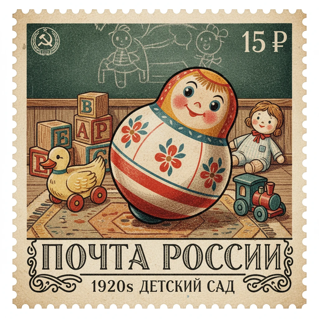 Сделай марку на которой изображены игрушки детского сада, на первом плане - неваляшка 1920-х годов

Стиль марки такой же, как на прикрепленном фото emoji