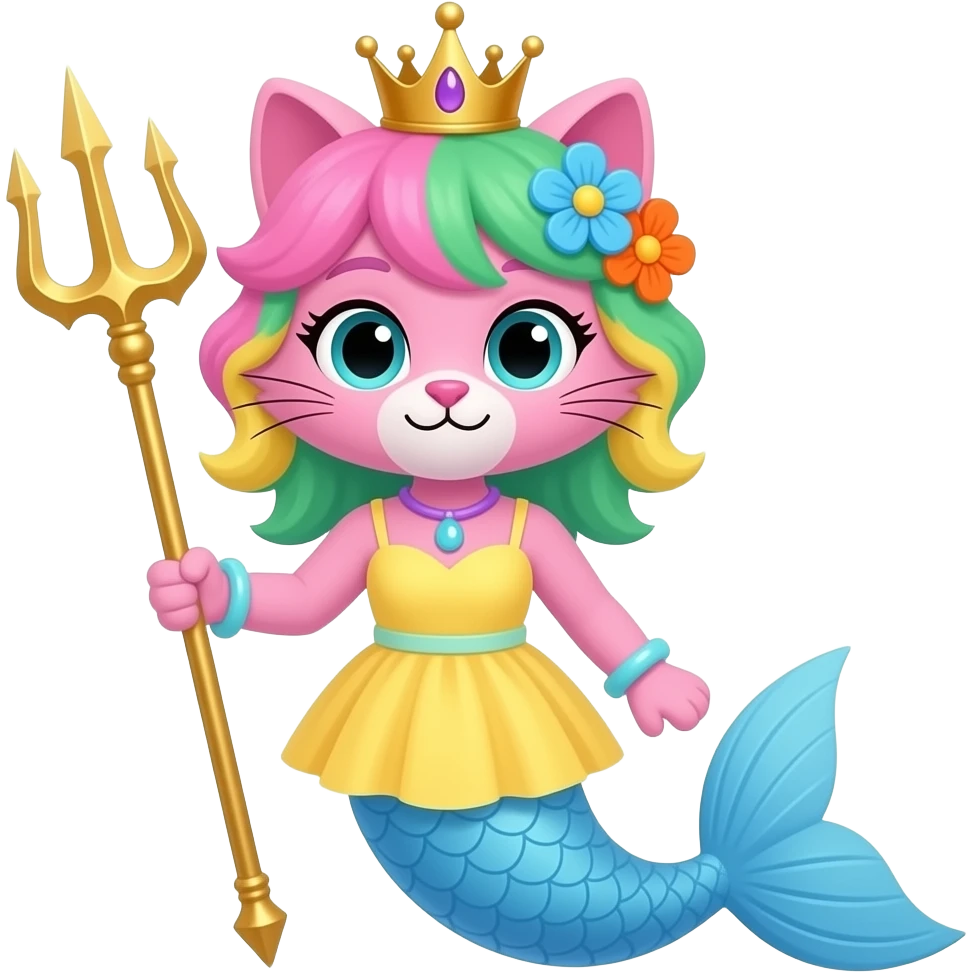 cartoon Male pink anthro cat  with pink and green and yellow hair blue flower orange flower golden crown with light purple necklace light cyan braclets cyan and pink and yellow dress with  attached to cyan  and light blue mermaid tail with dark blue fins holding a golden trident emoji