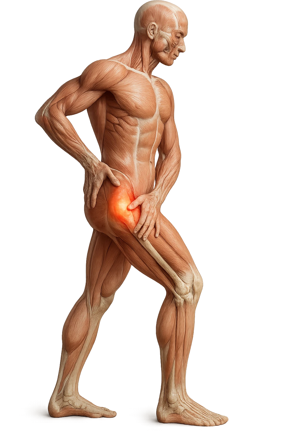 CORPO UMANO ANATOMICO DI PROFILO A FIGURA INTERA REALISTICO CHE SI TOCCA L'ANCA INFIAMMATA, DOLORE ALL'ANCA, IPERREALISTICO 4K emoji