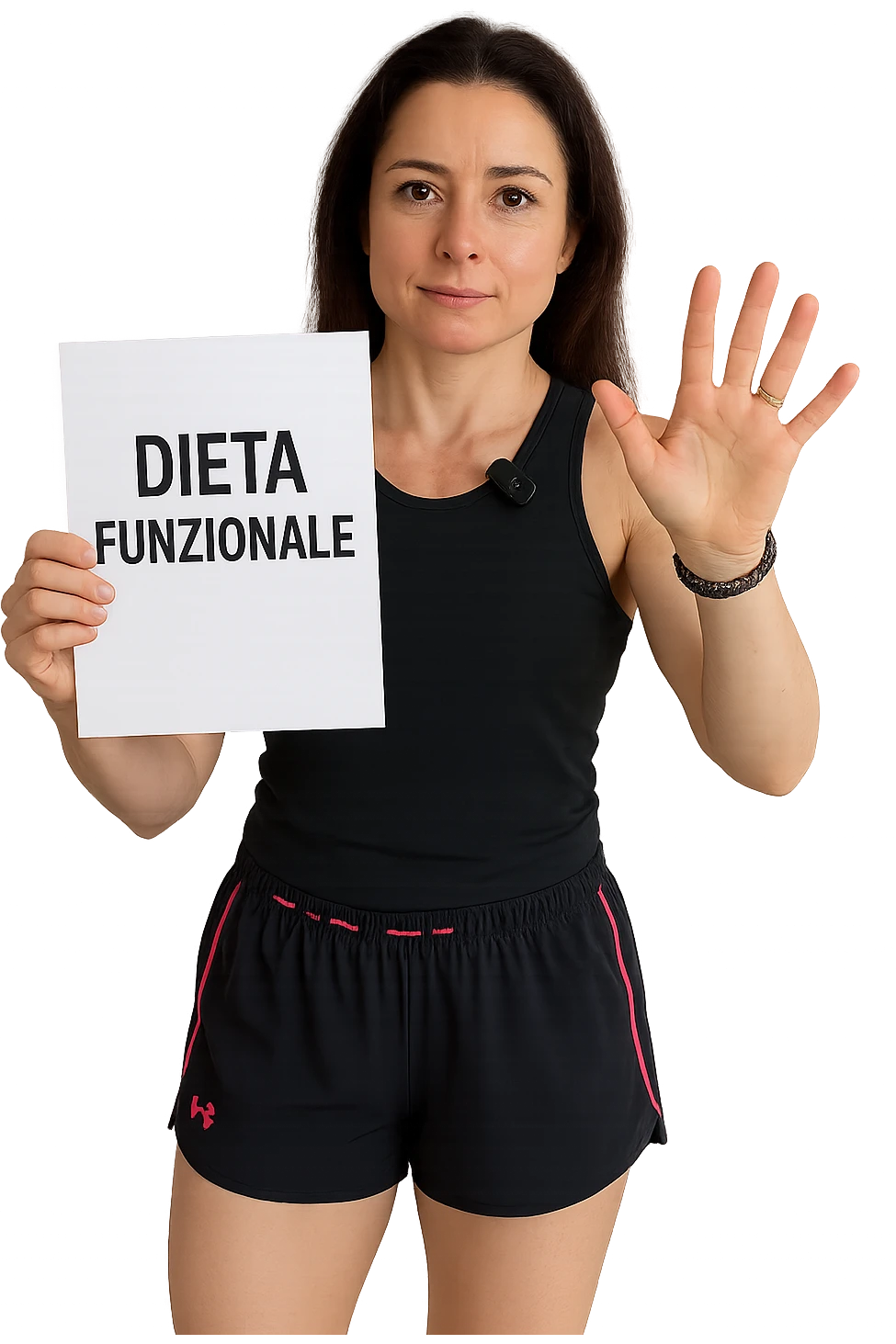 Donna con in mano una dieta con scritto "Dieta Funzionale" emoji