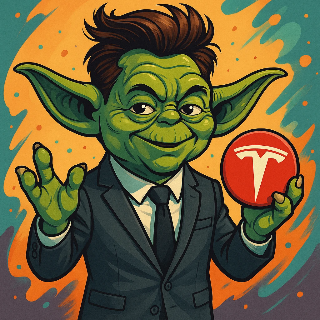Yoda with Elon Musk's hairstyle and suit, holding a Tesla logo, playful style, Star Wars meets Silicon Valley theme emoji