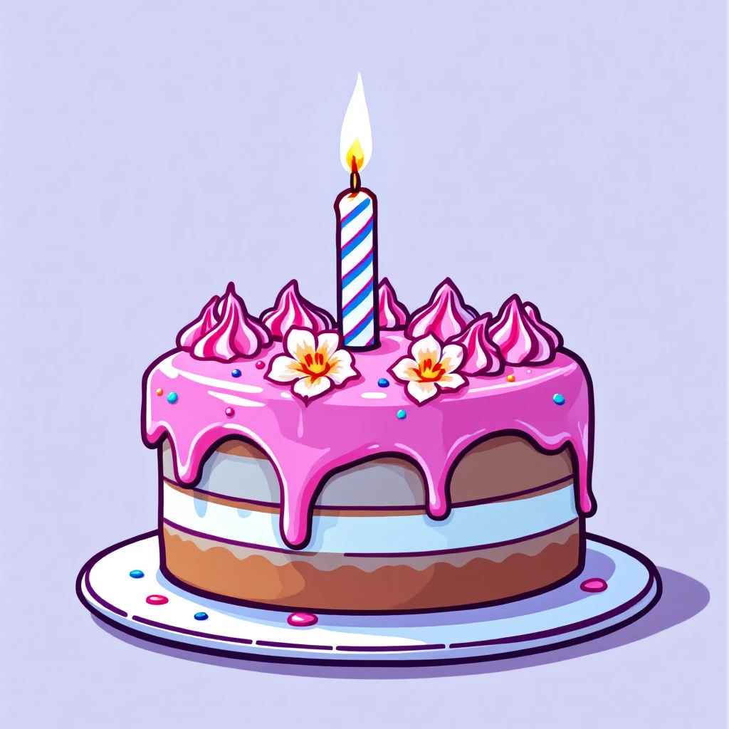 Draw pixar style a birthday cake with pink cream and a single candle emoji