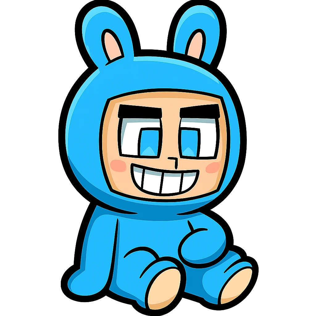 Extract and isolate the small character in the blue bunny suit from the image, placing them on a transparent background, keeping the original Minecraft cartoon style and appearance. emoji