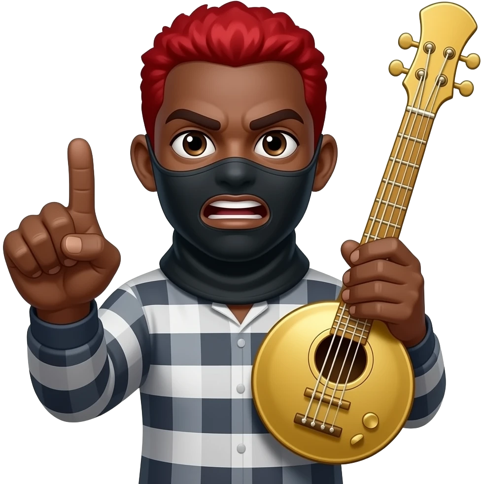 give me a black-skinned guy emoji who's showing with his thumb that everything fine, also on the other hand he holds a jumbo instrument he should have red hair, his eyes should be small and wide his mouth should be mad and his eyes should be really small. on his head he should have the balaclava emoji