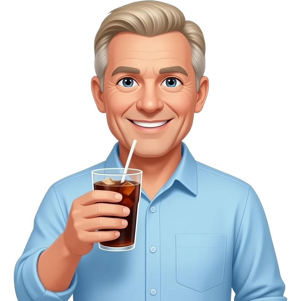 show me a pale white man smiling  in his 60s in a light blue button down shirt-- clean shaven -with blond salt and pepper hair holding a cup of soda -- make him not as attractive emoji