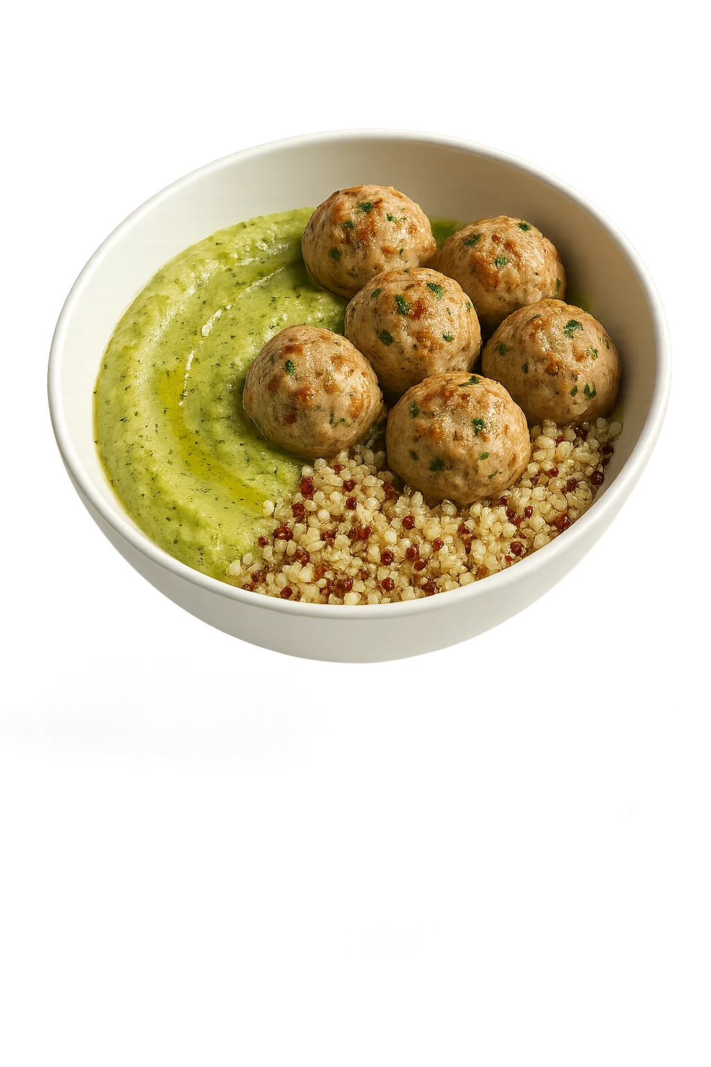 bowl bianca fluttua in aria con polpette di tacchino, purè di zucchine, quinoa e olio di oliva, iperrealistico 4k emoji