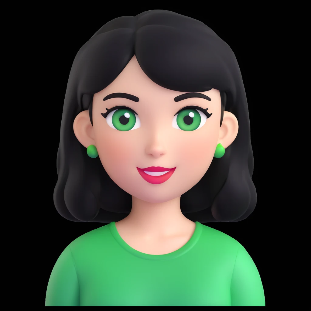 girl with black hair and green eyes, memoji style, winking, white background emoji