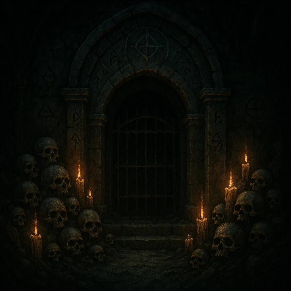 creepy banner, ancient crypt entrance, skulls, candles, mysterious symbols, dark fantasy style emoji