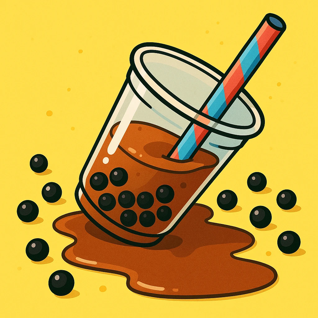 boba tea cup toppled over, with tea and boba pearls spilling, lively and easy to recognize emoji