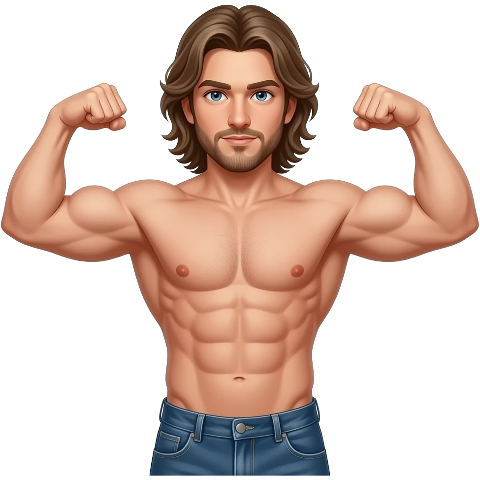muscular shirtless white flexing with long hair emoji