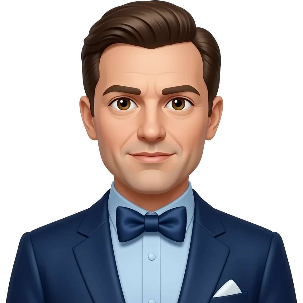 Richard Loeb from Leopold and Loeb with brown eyes, brown hair, powder blue metallic shirt, dark blue metallic suit jacket, dark blue metallic bow tie emoji