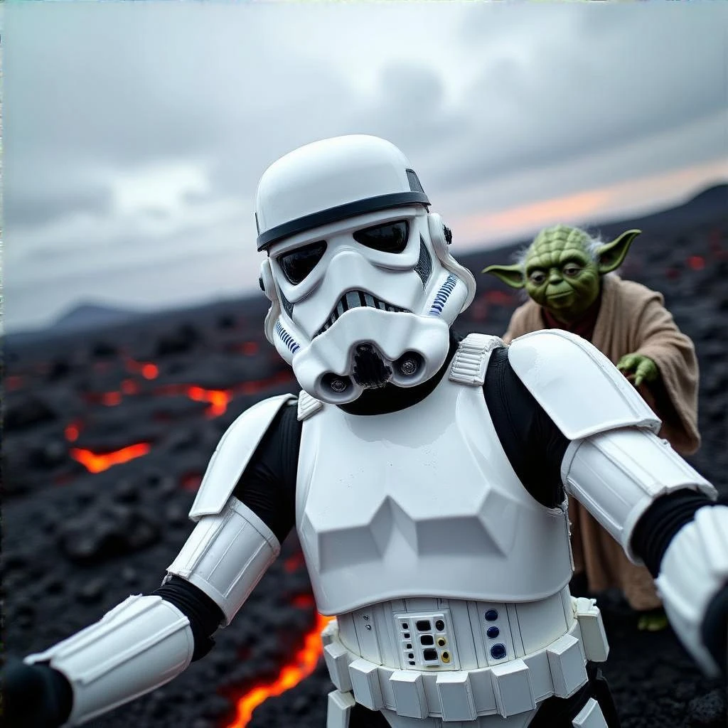 Camera POV, Starwars stormtroopers vlogging selfie, he is walking on lava planet with yoda emoji